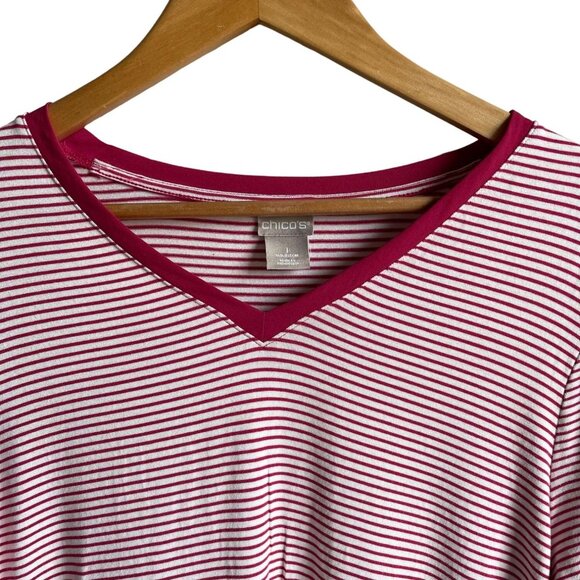Chico's Women's Stripe V-Neck Long Sleeve Tunic Top Red White Size 1/US Medium - Picture 3 of 6